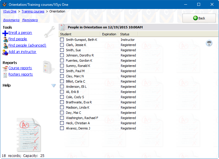 Training course screen showing entrants in a specific course