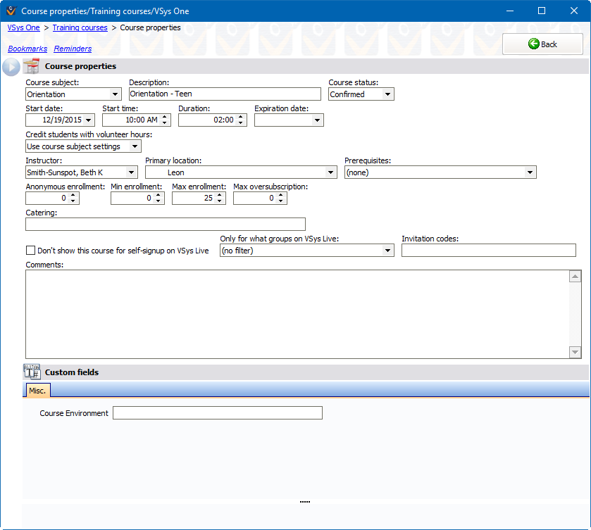 Training course properties window showing an Orientation course