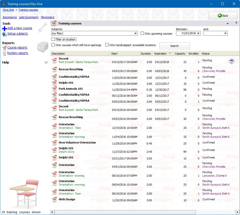 Training course setup screen