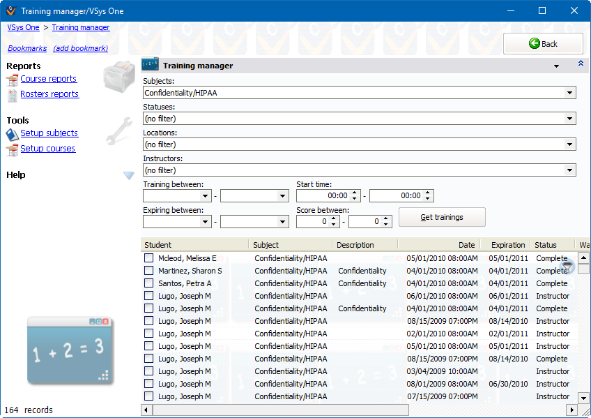 Training manager screen