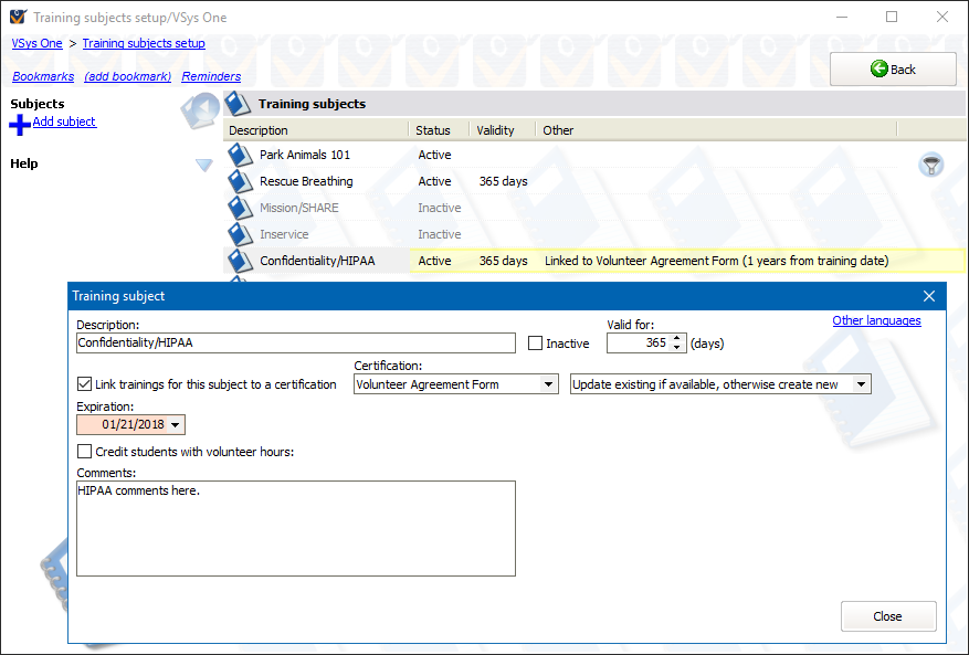 Training subjects setup screen