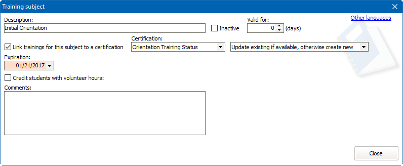 Training subject window shown linked to a certification