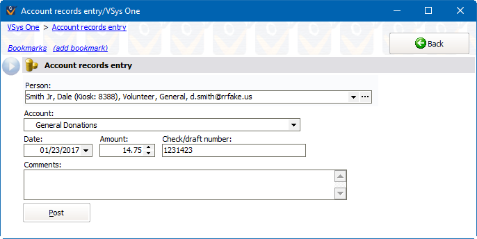 Account records entry screen