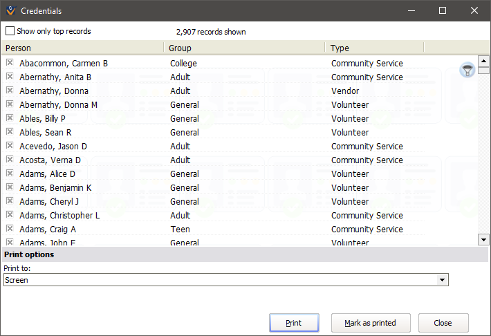 Credentials window showing volunteer credentials to be printed