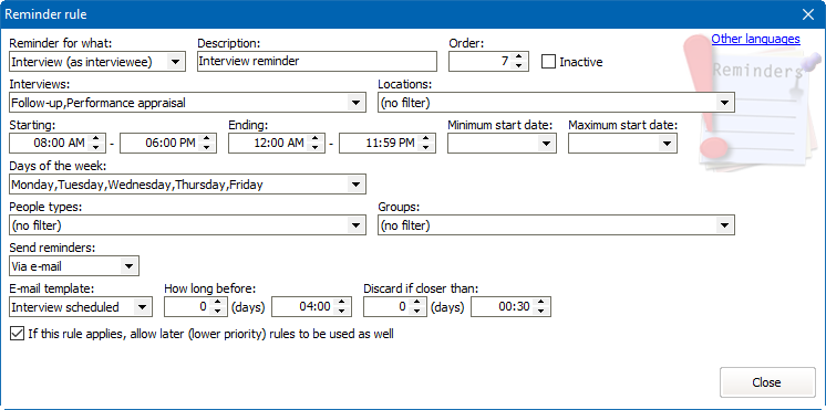 Reminder rule definition window for an interview reminder