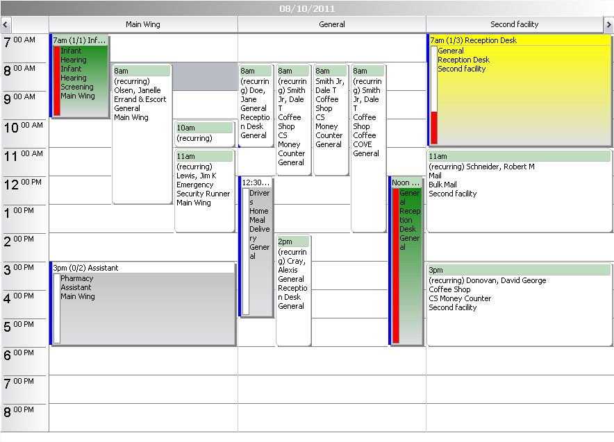 Jobs slots calendar tool showing one day with three locations