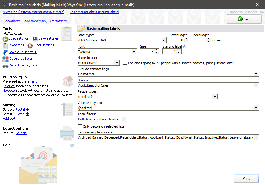 Basic mailing labels merge screen