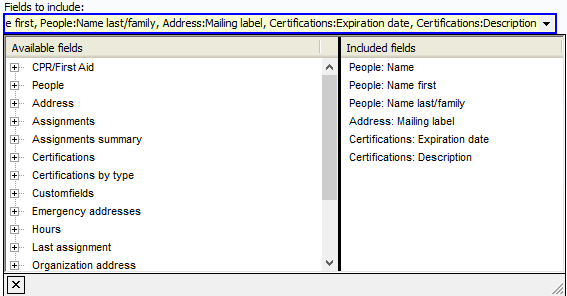 Available and included fields panel in the advanced exporter