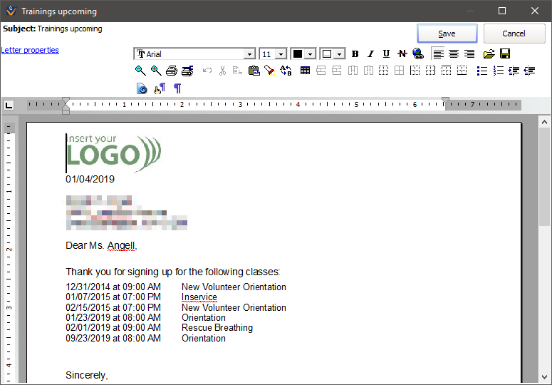 Preview of mail merge for upcoming trainings letter