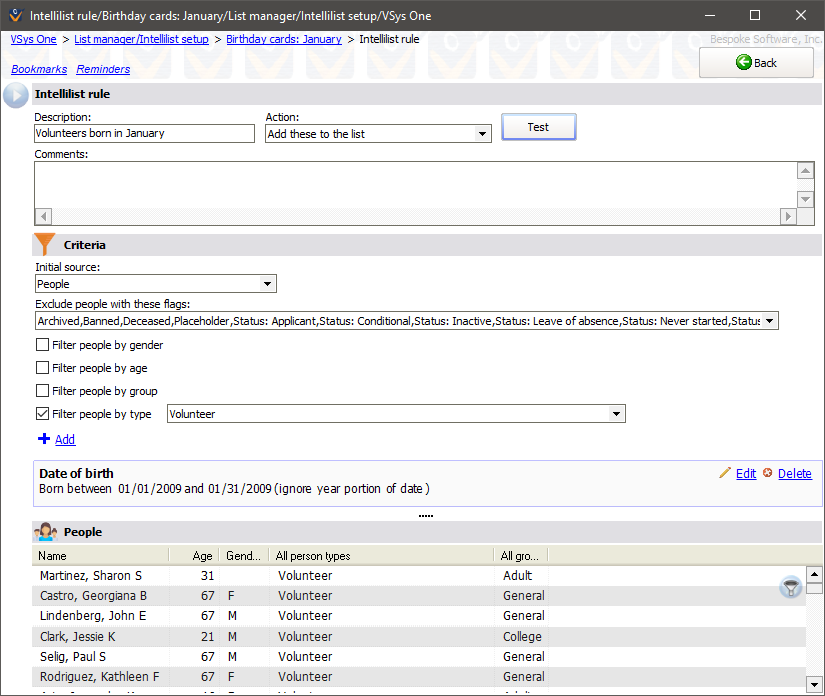 Intellilist criteria window showing Volunteers born in January