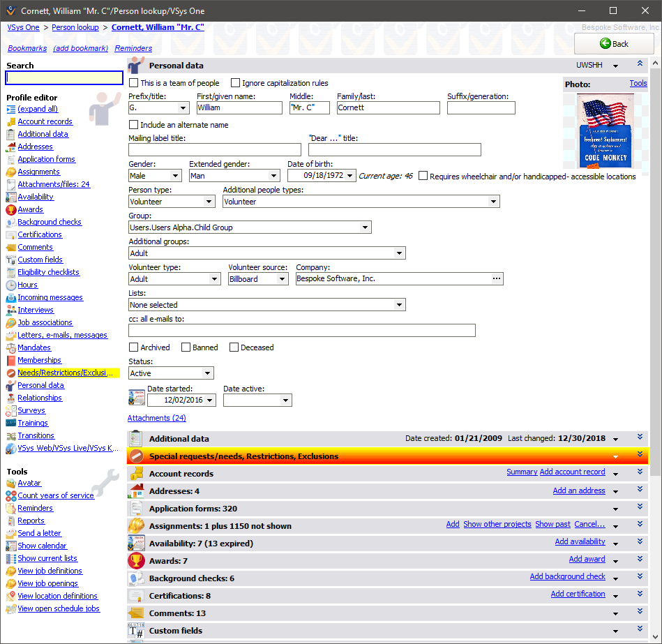 Example of Profile editor screen