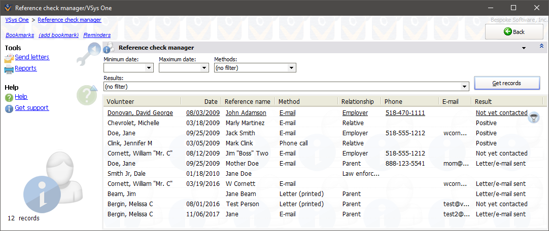 Reference check manager screen