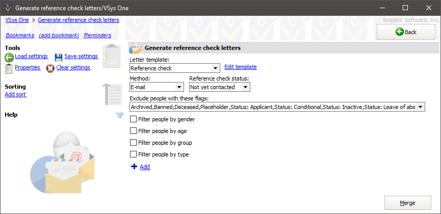 Print reference check letters screen