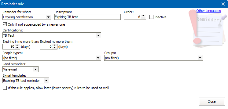 Sample reminder rule window for an expiring certification reminder