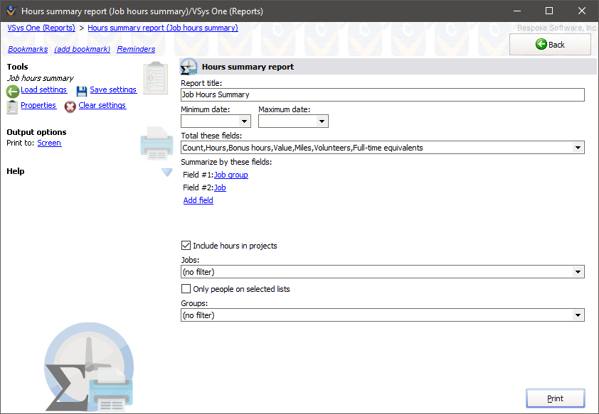 Hours summaries reports screen