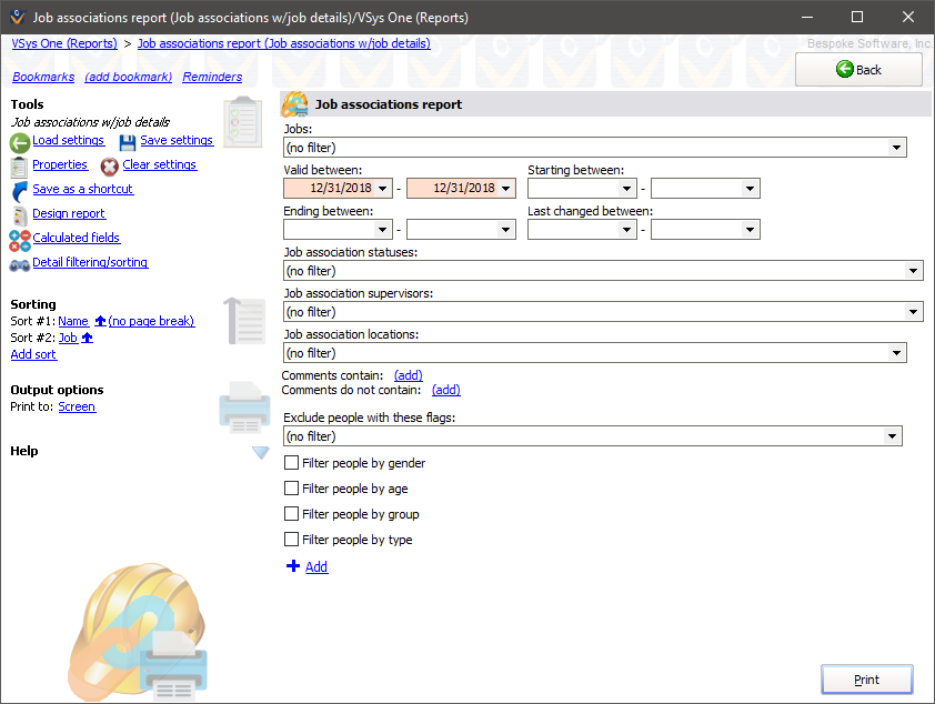 Job associations report screen showing Job Associations w/job detail settings