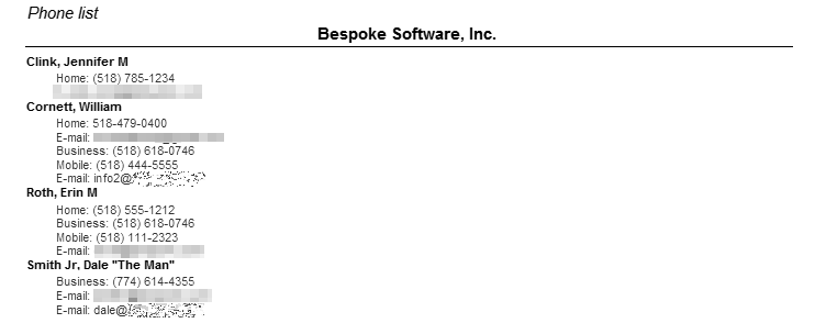 Sample Phone and E-mail Address List Report