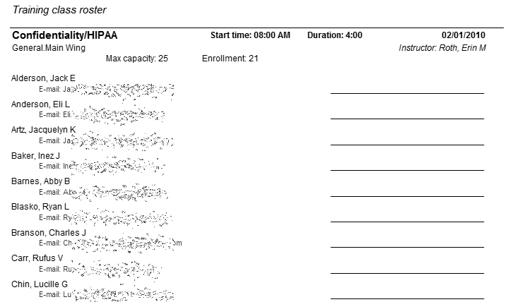 Sample Training Rosters Report: Training Class Roster