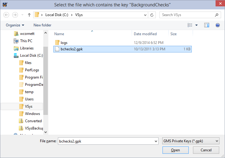File selection window for selecting encryption keys